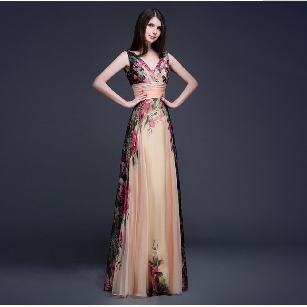 V-Neck Summer Floral Chiffon Party Evening Maxi